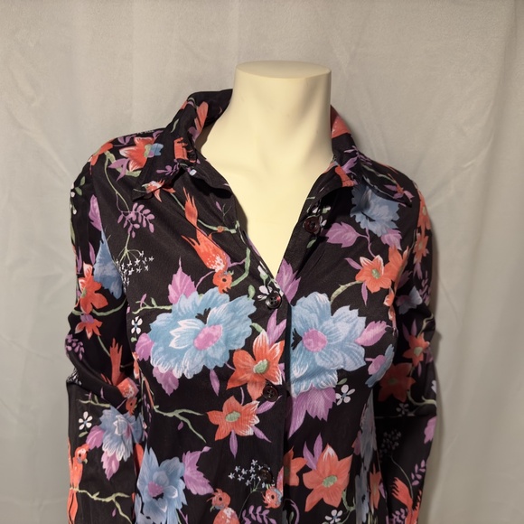 70s Black Floral Blouse Peony Clematis Birds Fun Vintage Made in USA Sz Small - Picture 2 of 8